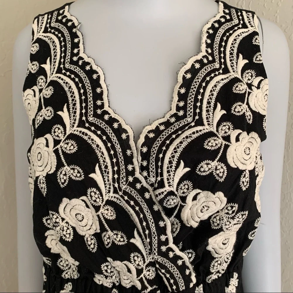 KAREN KANE Embroidered Floral Sleeveless Dress Cotton Black & Creme - Picture 3 of 15